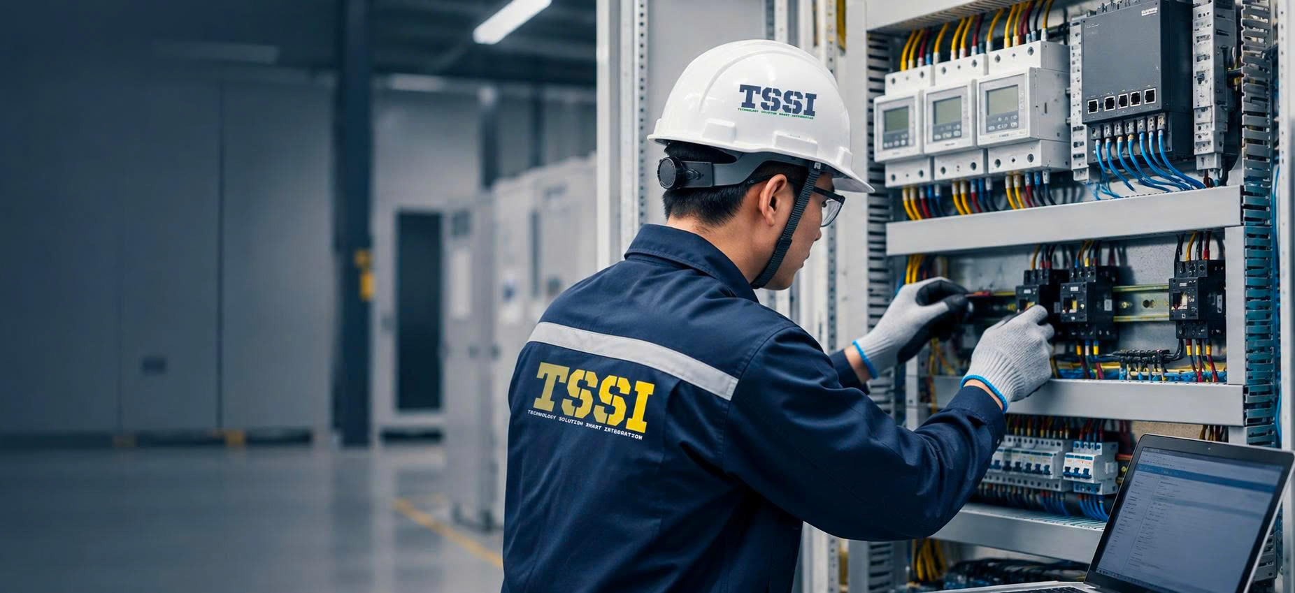 Kỹ sư mặc đồng phục và đội mũ bảo hộ in logo TSSI đang đấu nối dây trong tủ điện điều khiển của nhà xưởng, bên cạnh là máy tính xách tay